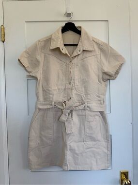 Beige Short-Sleeve Utility Dress with Waist Tie
